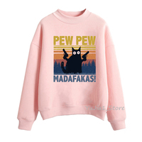 Pew Pew Madafakas bluzy kobiety śmieszne czarny kot Gangster z pistoletem Meme Retro sudadera mujer graficzny sweter femme dres 2